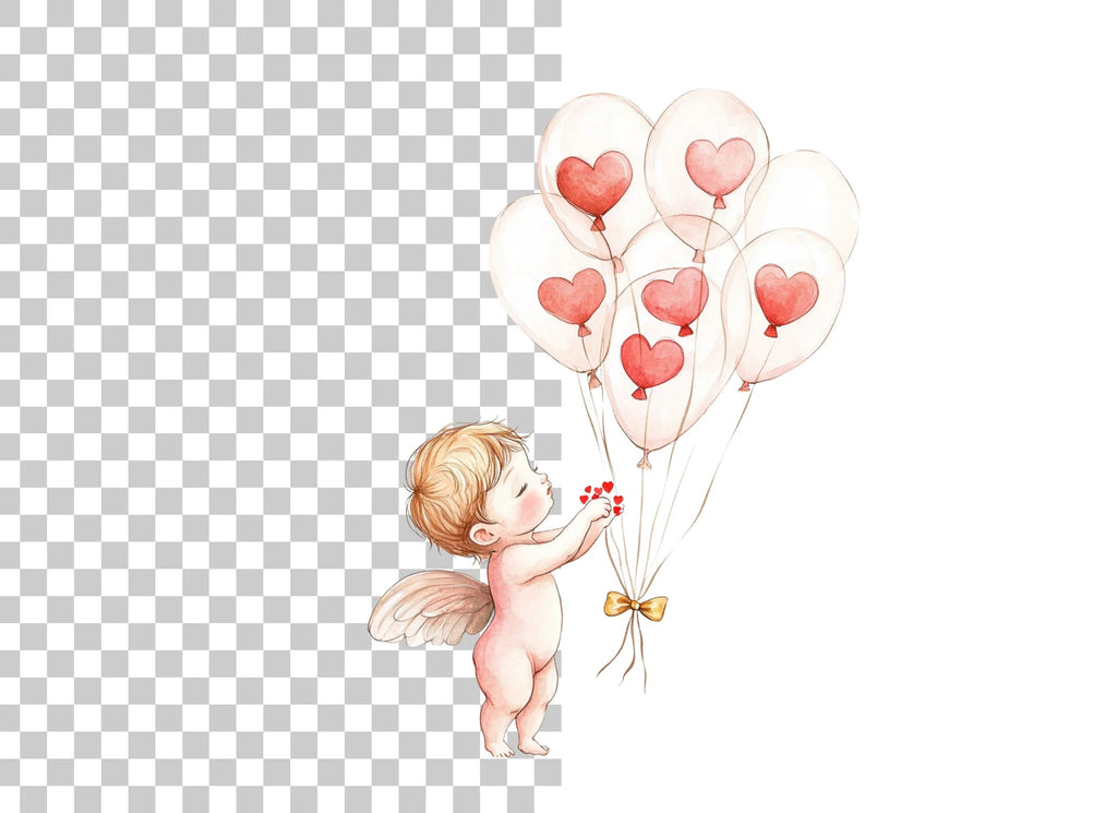 Cute Cupid with Heart Balloons Clipart Bundle