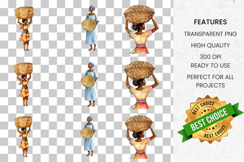 Afrocentric Women with Baskets Clipart Bundle