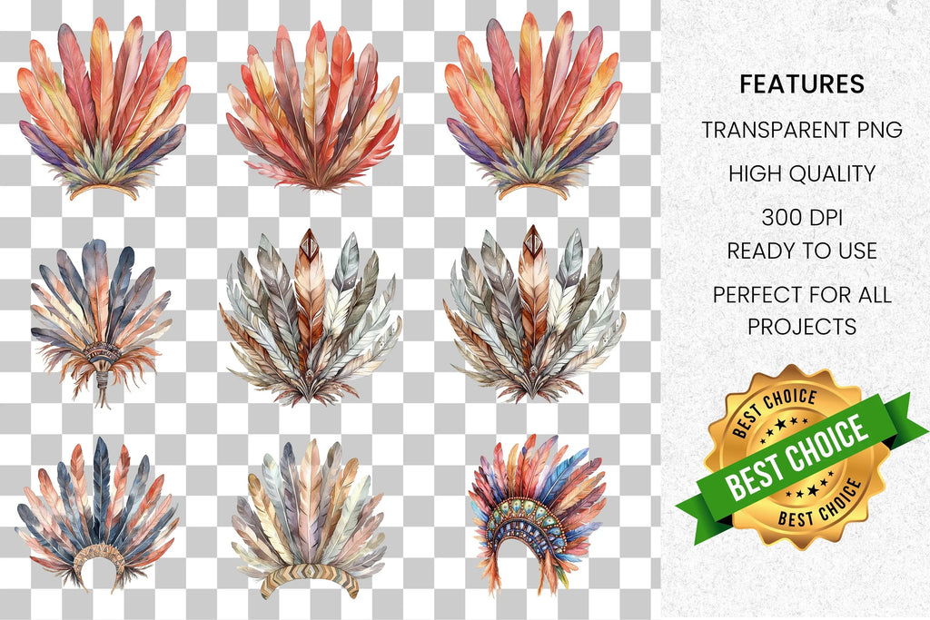 Boho Feather Headdress Clipart Bundle