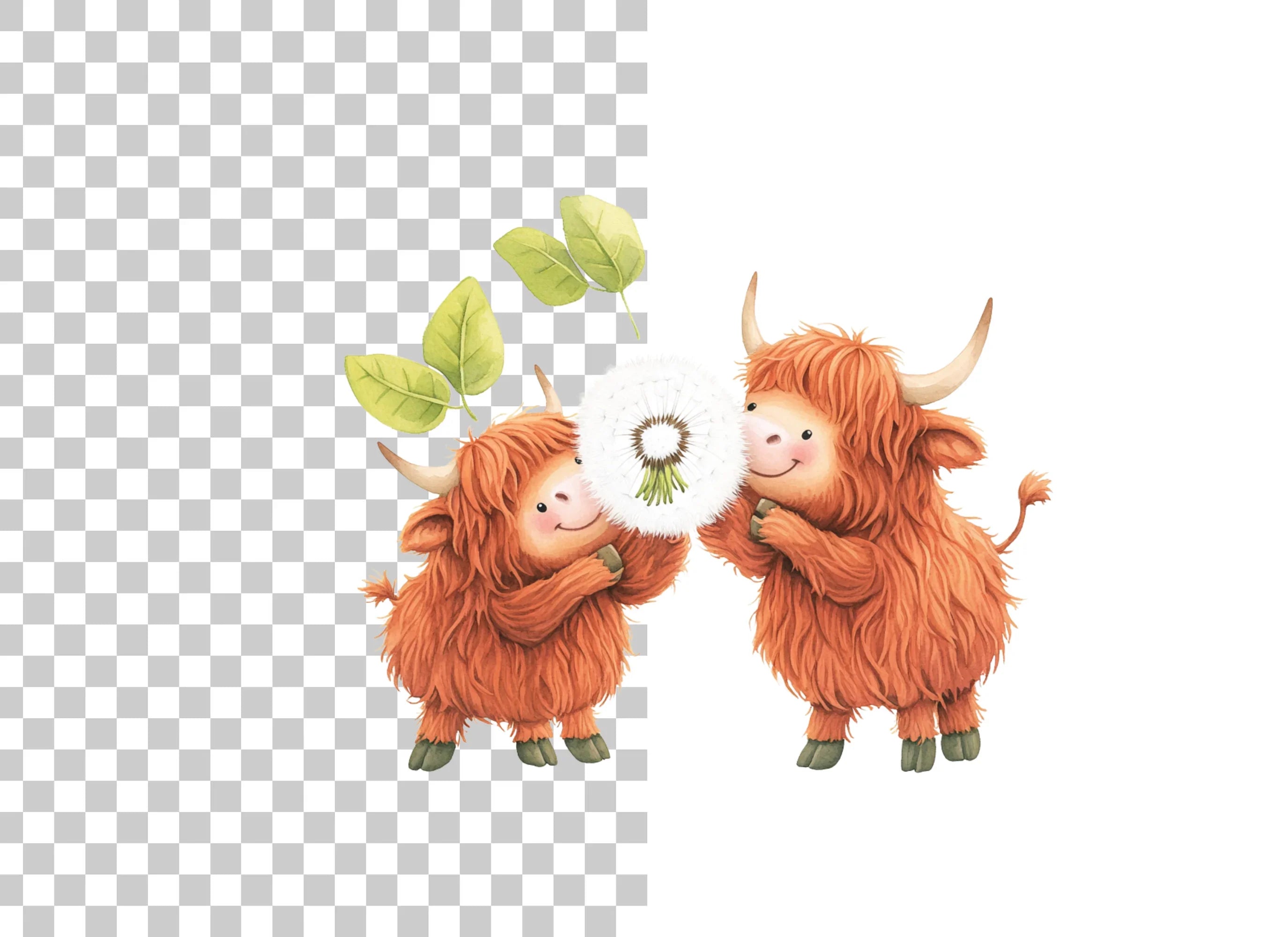 Cute Highland Cows with Dandelion Clipart Bundle