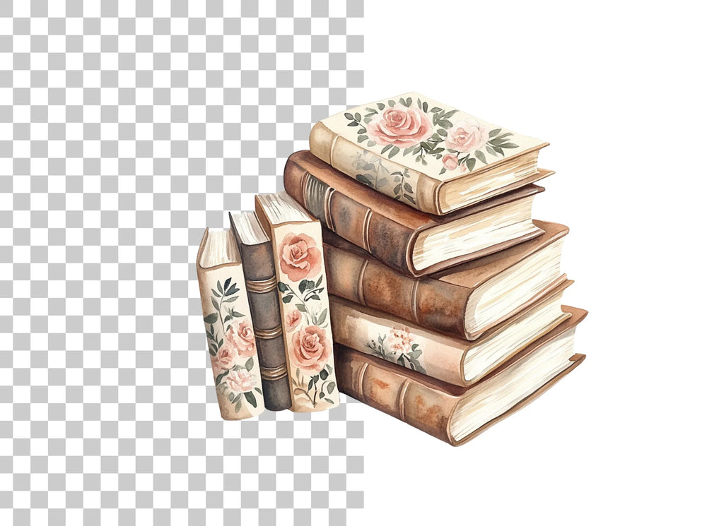 Stacked Books with Roses Clipart Bundle