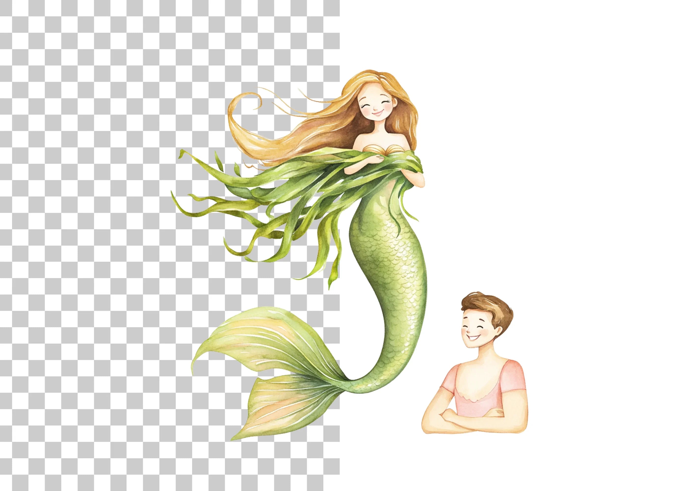 Green Mermaids and Human Kids Clipart Bundle