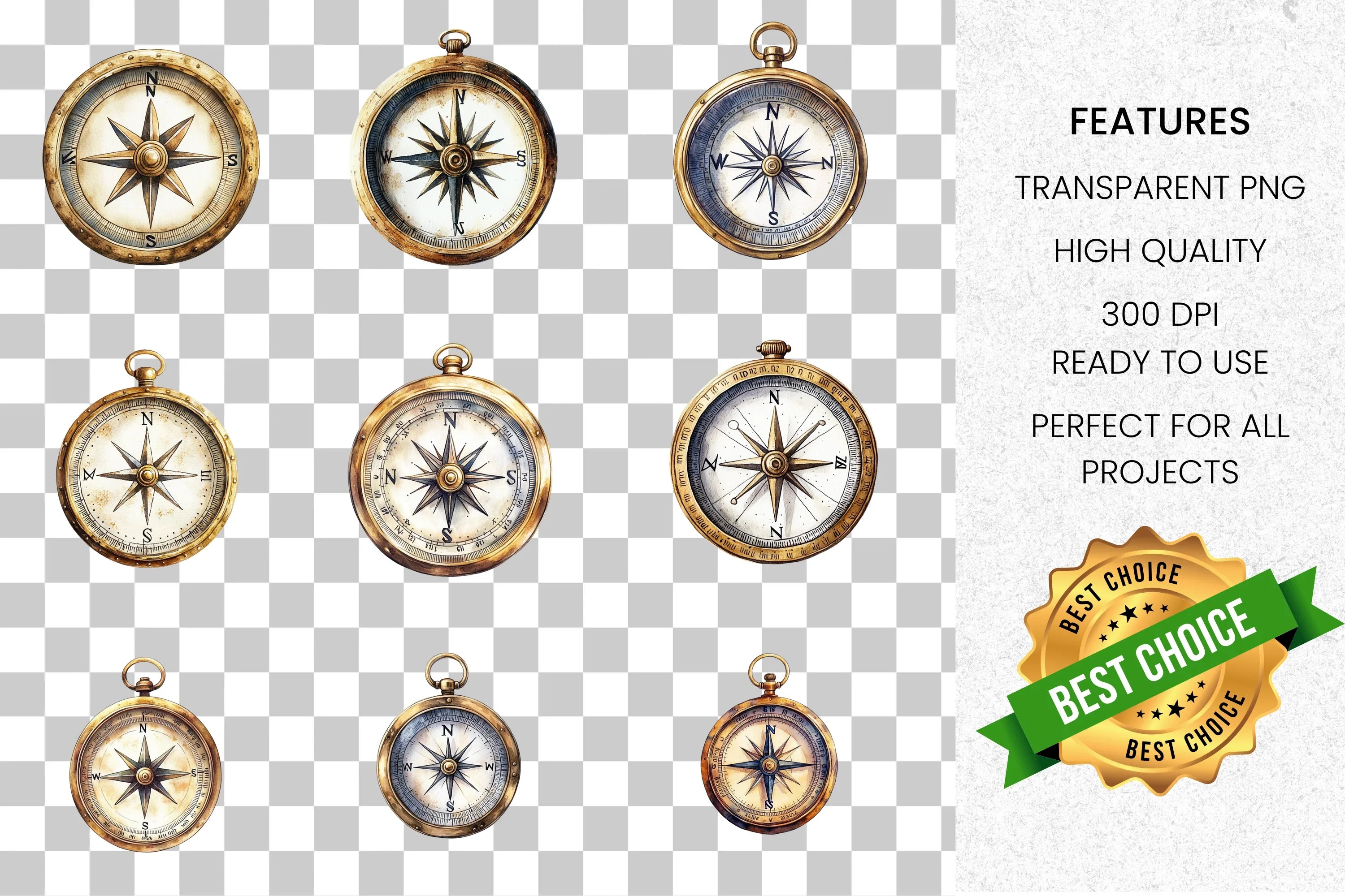 Antique Compass Nautical Clipart Bundle