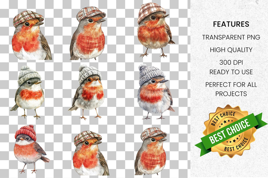 Cozy Christmas Robin Bird Clipart Bundle