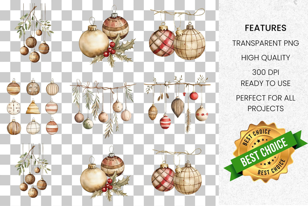 Rustic Christmas Ornaments Clipart Bundle