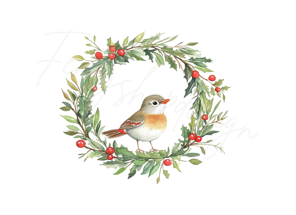 Christmas Holly Wreaths with Birds Clipart Bundle