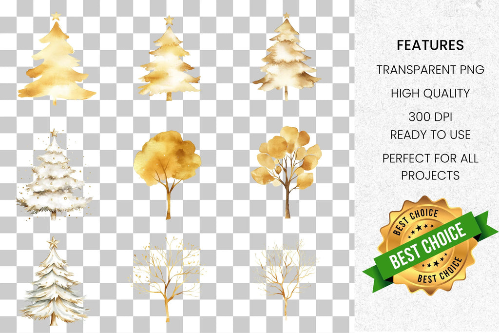 Elegant Gold and White Christmas Trees Clipart Bundle