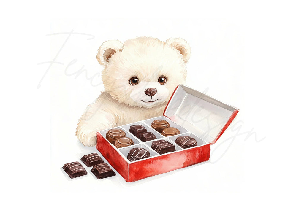 White Teddy Bear with Chocolate Box Clipart Bundle
