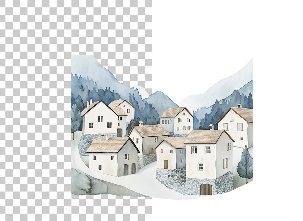 Winter Mountain Village Clipart Bundle