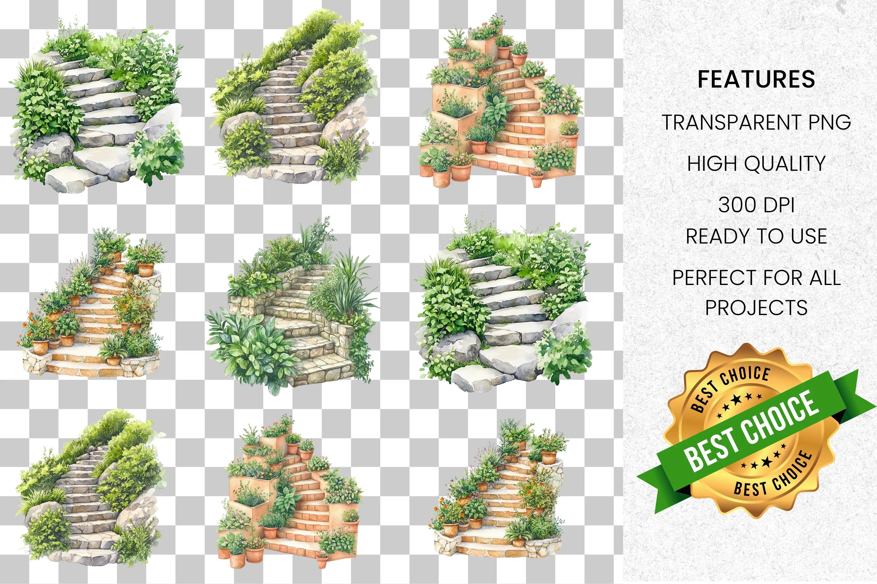 Garden Stairs Steps Clipart Bundle