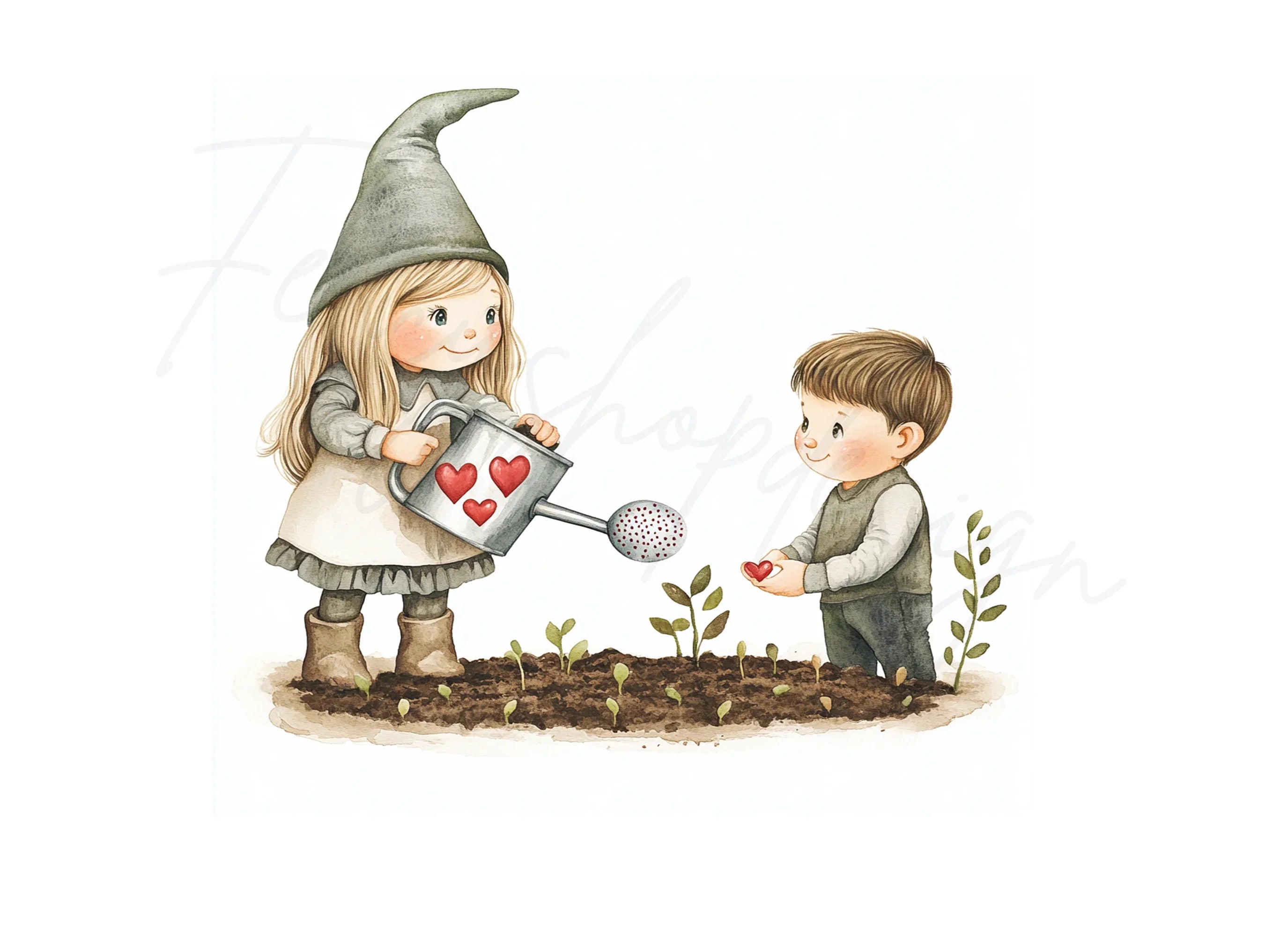 Kids Gardening with Hearts Clipart Bundle