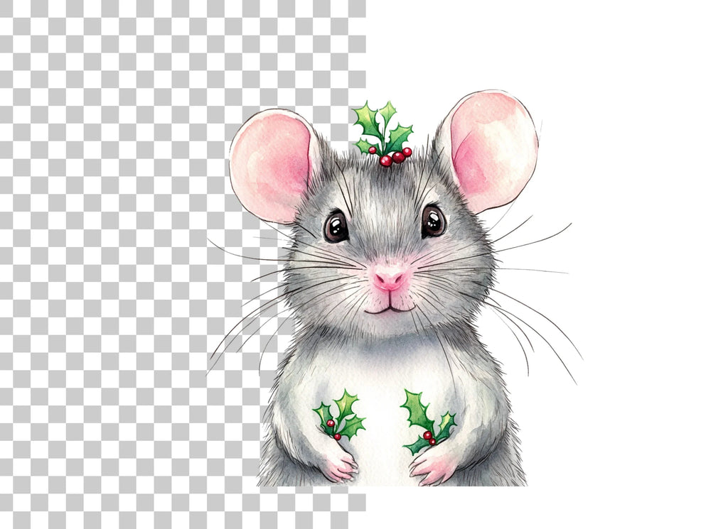 Festive Mouse with Holly Clipart Bundle