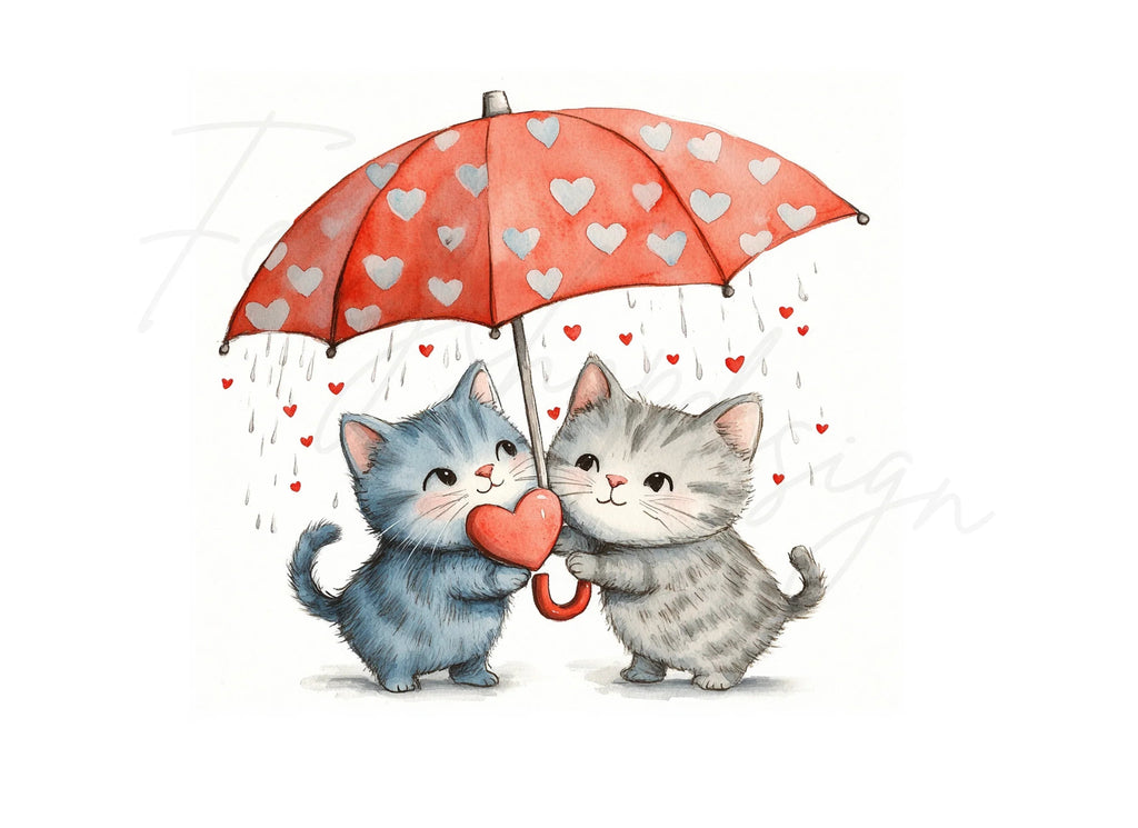 Kitten Couple Under Umbrella Clipart Bundle