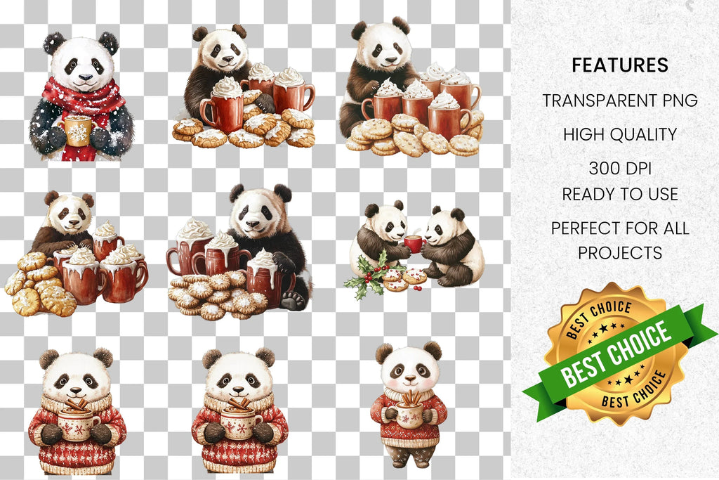 Cute Panda Winter Hot Chocolate Clipart Bundle