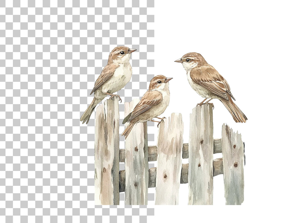 Sparrows on Rustic Fence Clipart Bundle