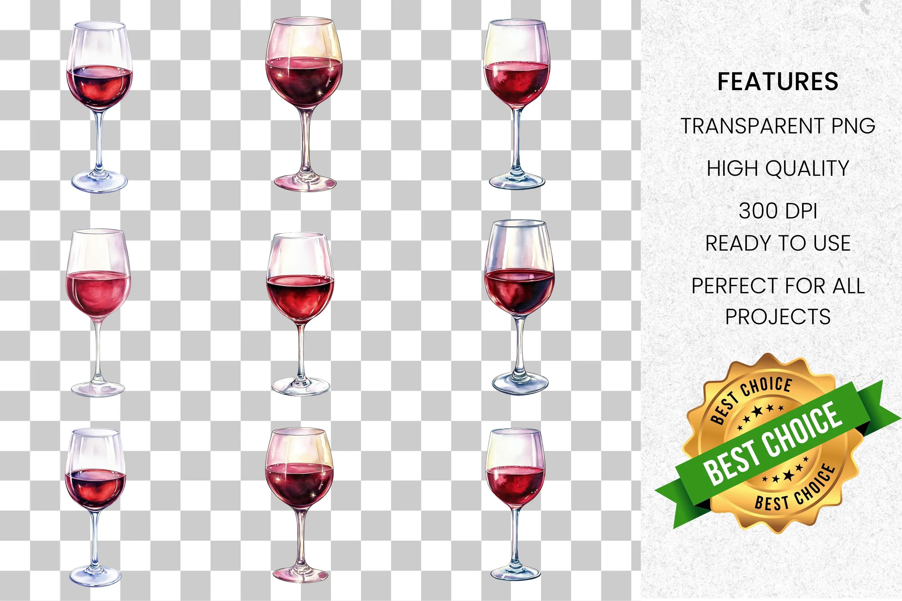 Red Wine Glasses Clipart Bundle