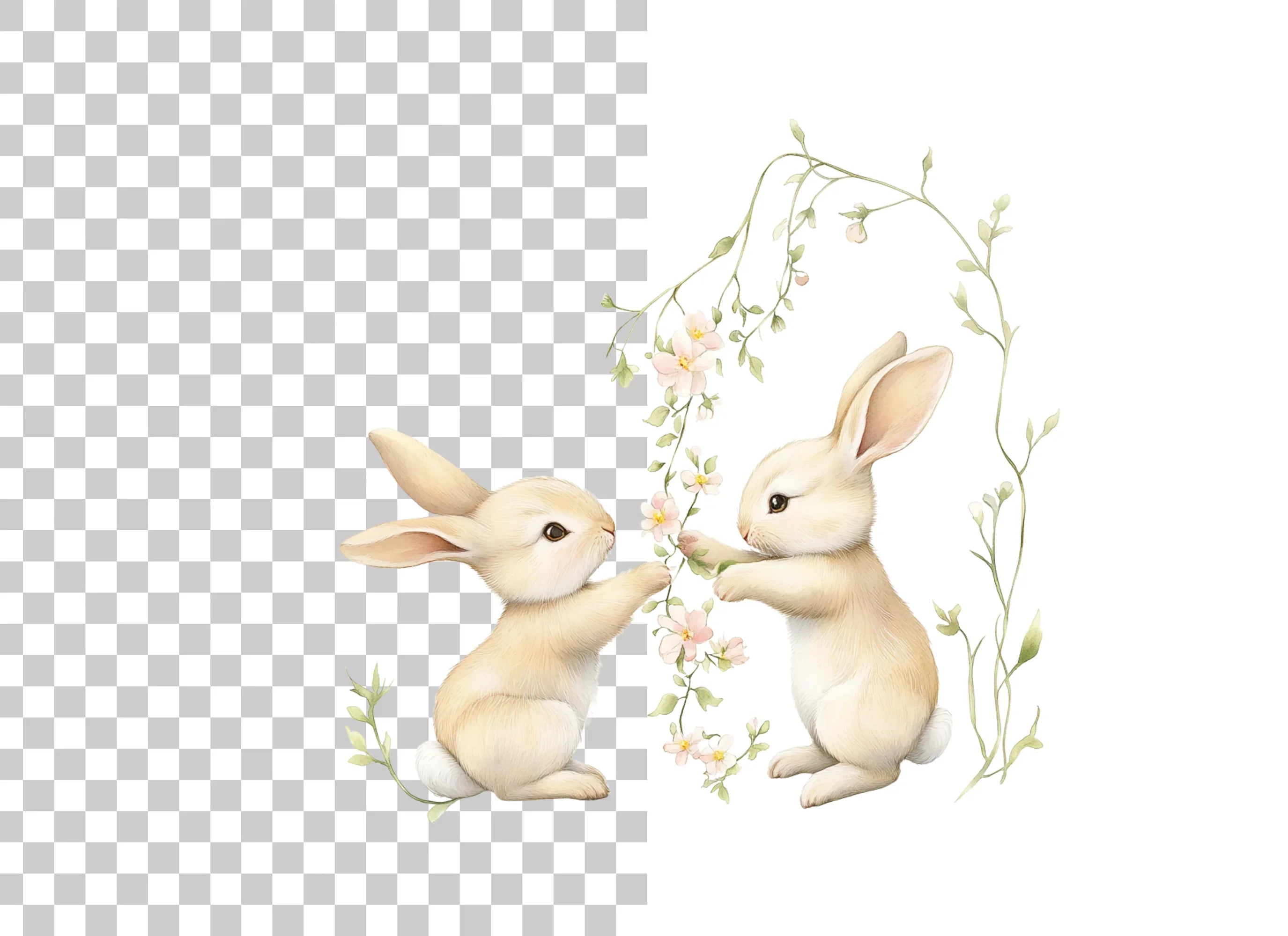 Baby Bunnies with Floral Vines Clipart Bundle