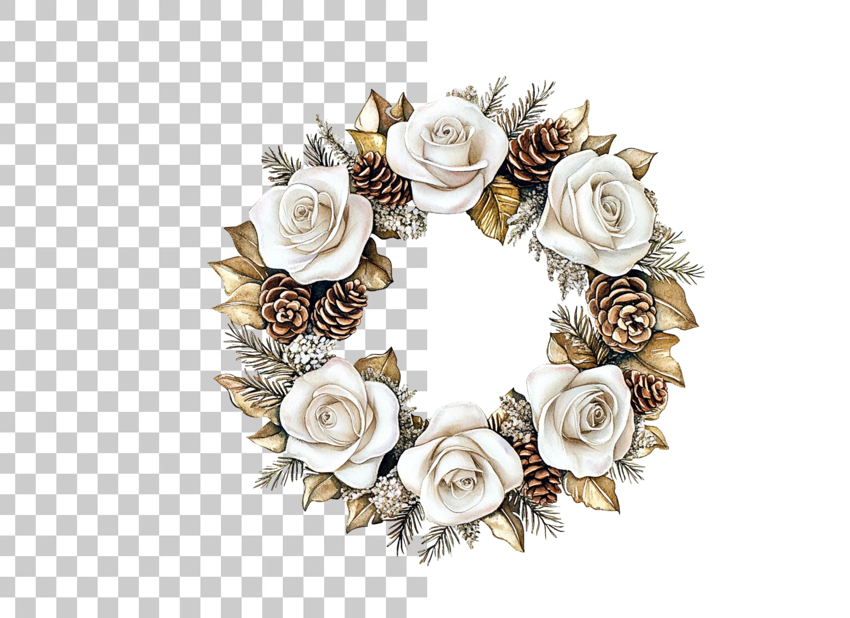 Elegant Winter White Rose Wreath Clipart Bundle