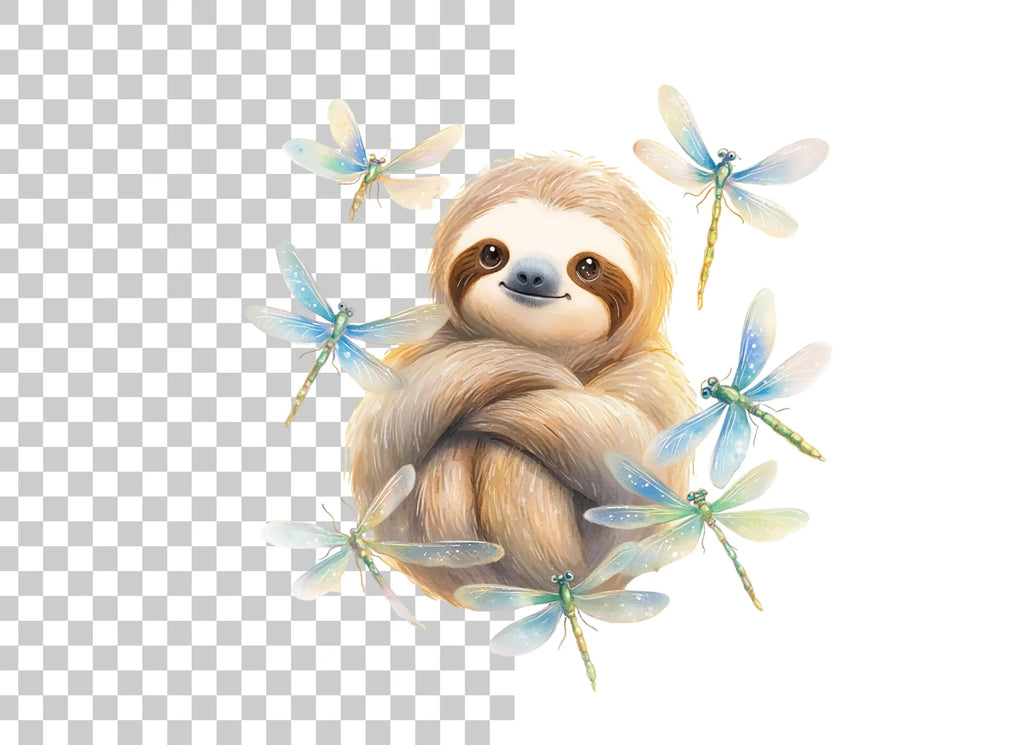 Happy Sloth with Dragonflies Clipart Bundle