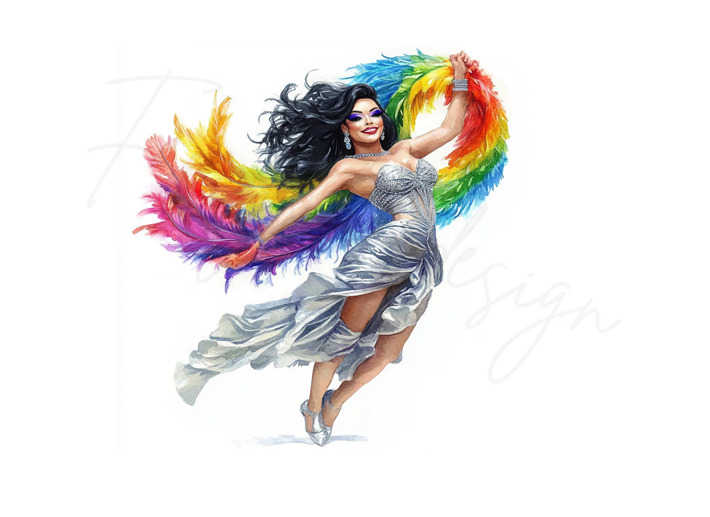 Joyful Woman with Rainbow Feather Boa Clipart Bundle