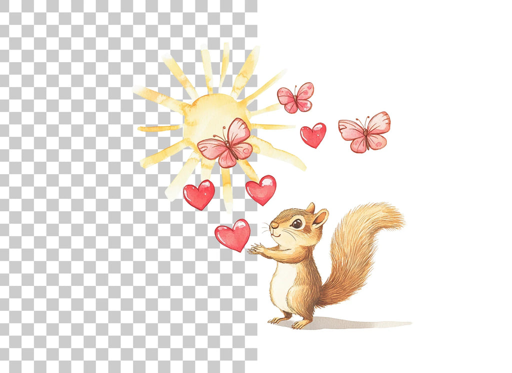 Happy Squirrel with Hearts and Butterflies Clipart Bundle