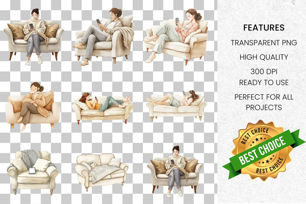 Cozy Sofa Armchair Relaxation Clipart Bundle
