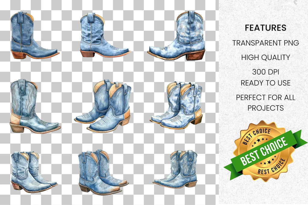 Blue Cowboy Boots Clipart Bundle