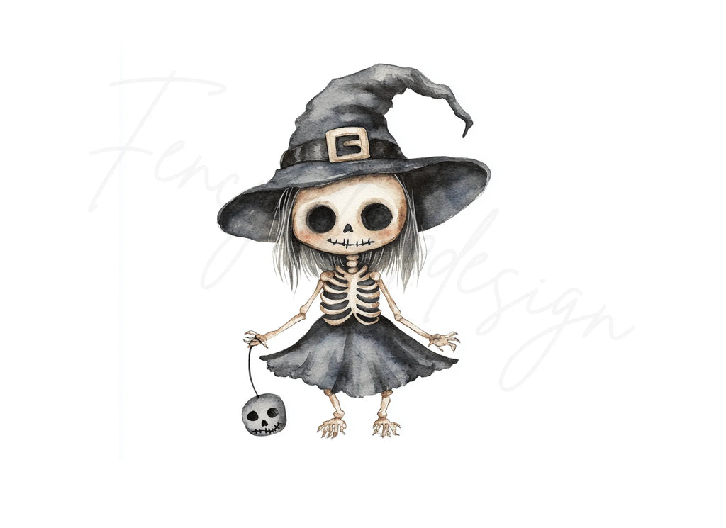 Cute Skeleton Witch Halloween Clipart Bundle