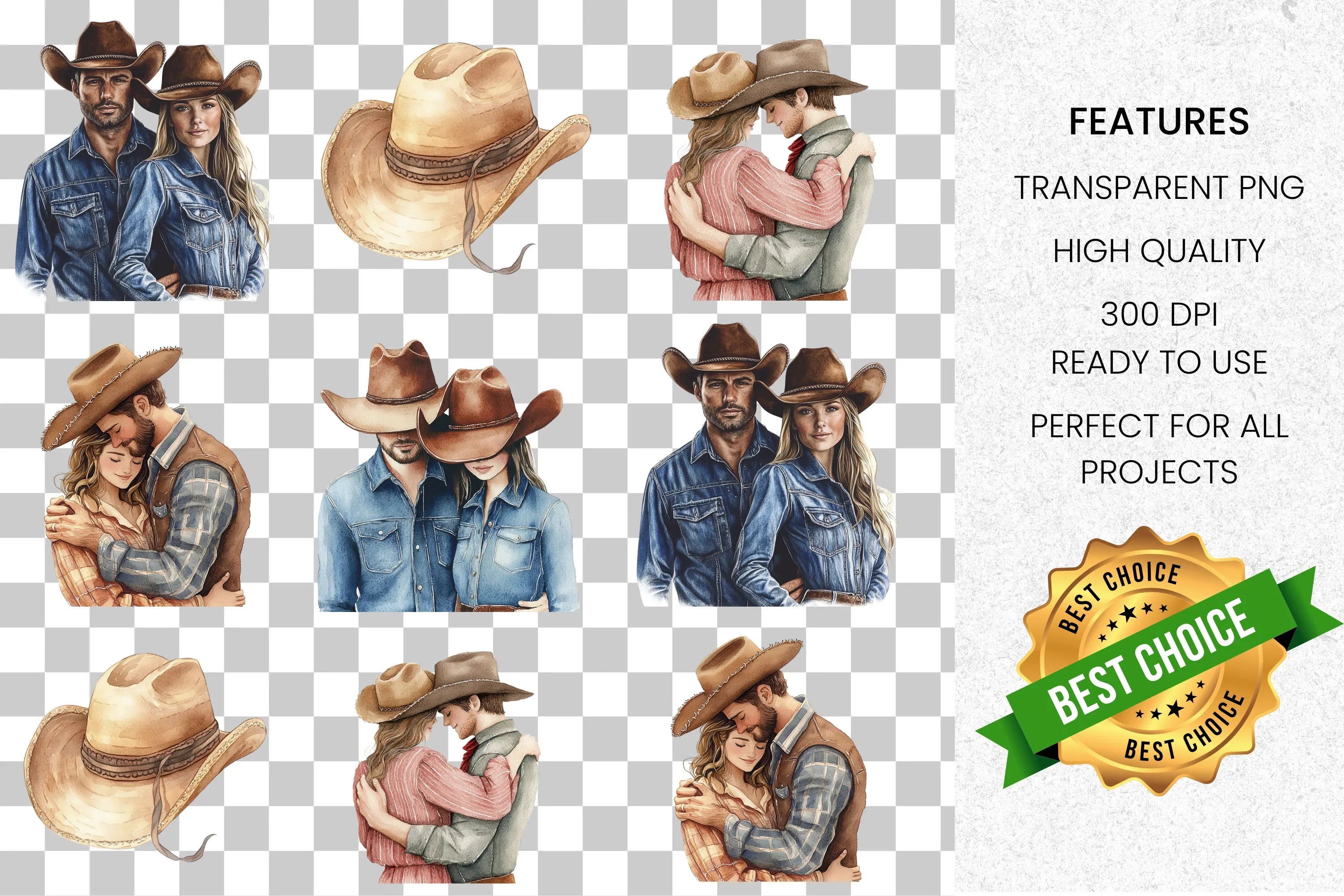 Rustic Cowboy Cowgirl Couple Clipart Bundle