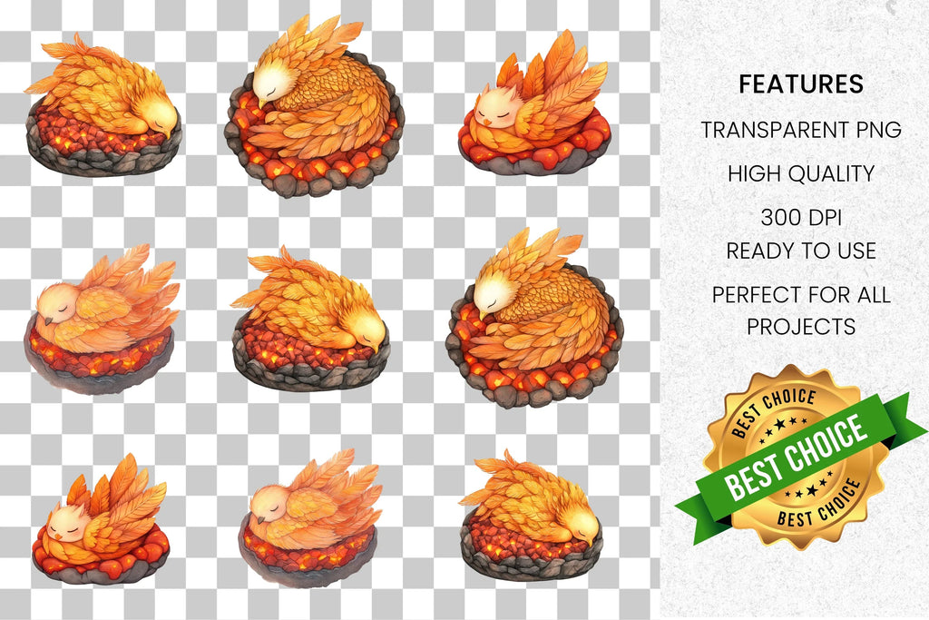 Sleeping Phoenix Chick in Ember Nest Clipart Bundle