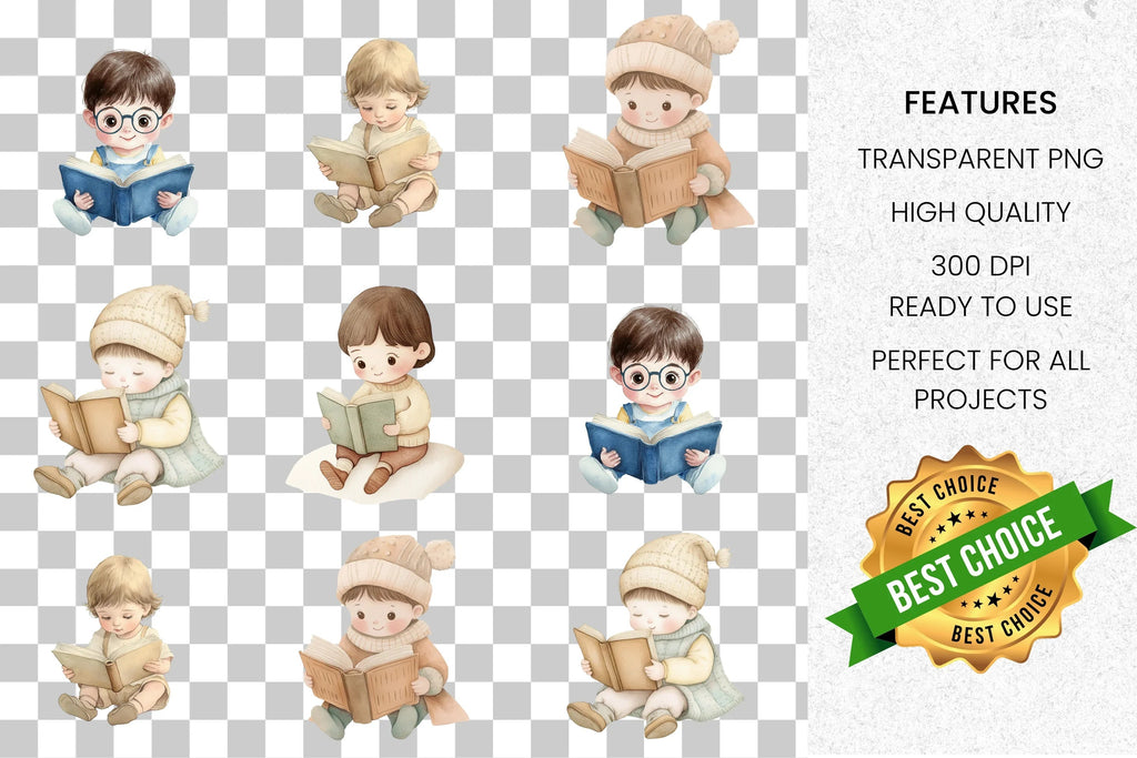 Adorable Kids Reading Books Clipart Bundle