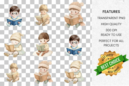 Adorable Kids Reading Books Clipart Bundle