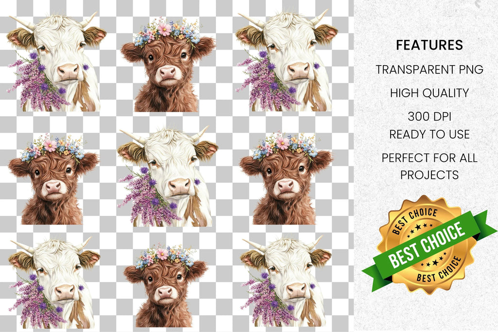 Adorable Highland Cows with Flowers Clipart Bundle