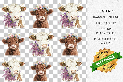 Adorable Highland Cows with Flowers Clipart Bundle