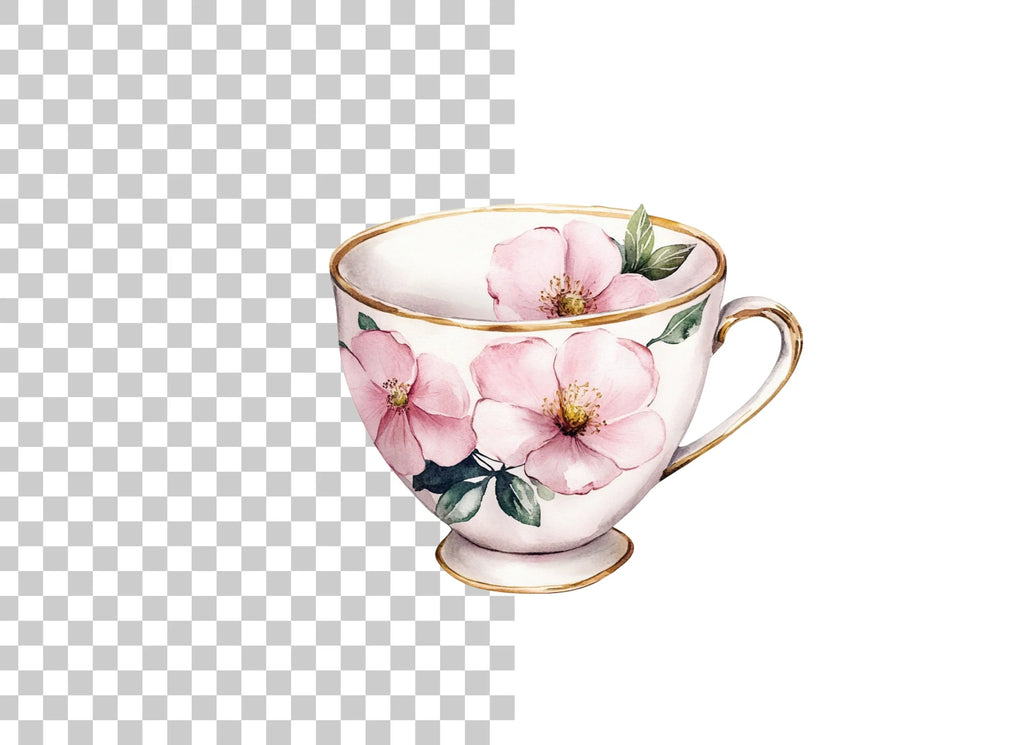 Pink Blossom Teacups Clipart Bundle