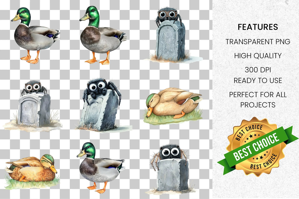 Adorable Ducks & Spooky Spider Clipart Bundle