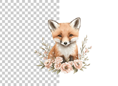 Adorable Fox with Pink Flowers Clipart Bundle