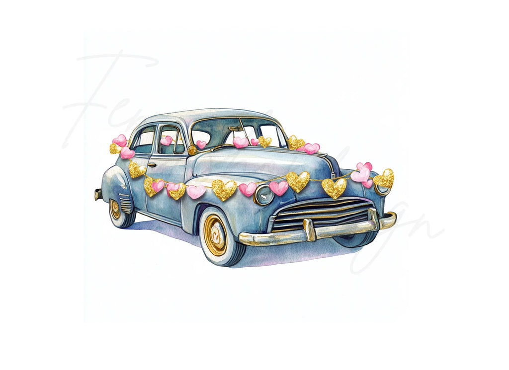 Vintage Cars with Heart Garlands Clipart Bundle