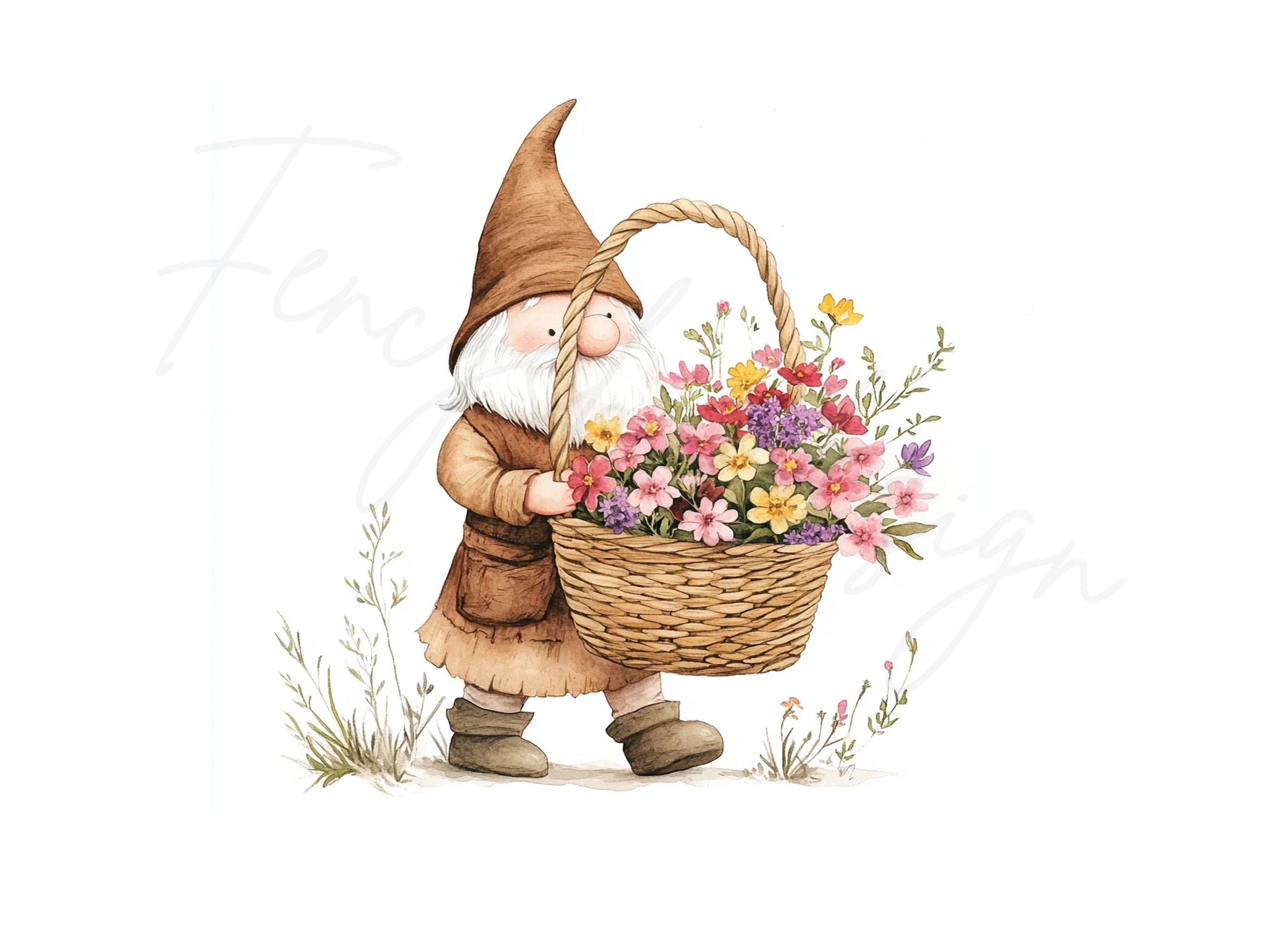 Spring Gnomes with Flower Baskets Clipart Bundle
