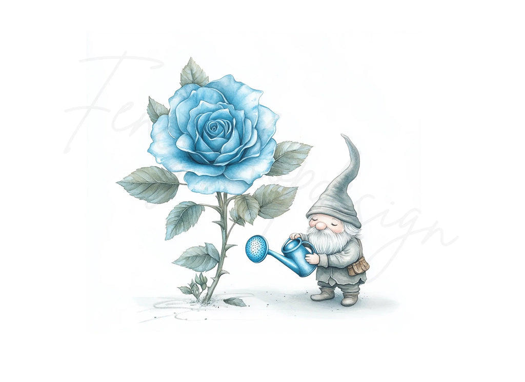 Gnome Watering Blue Rose Clipart Bundle