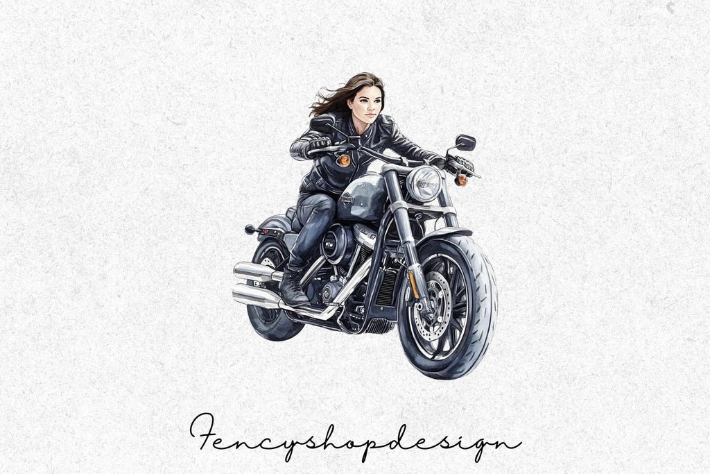 Cool Woman Riding Motorcycle Clipart Bundle