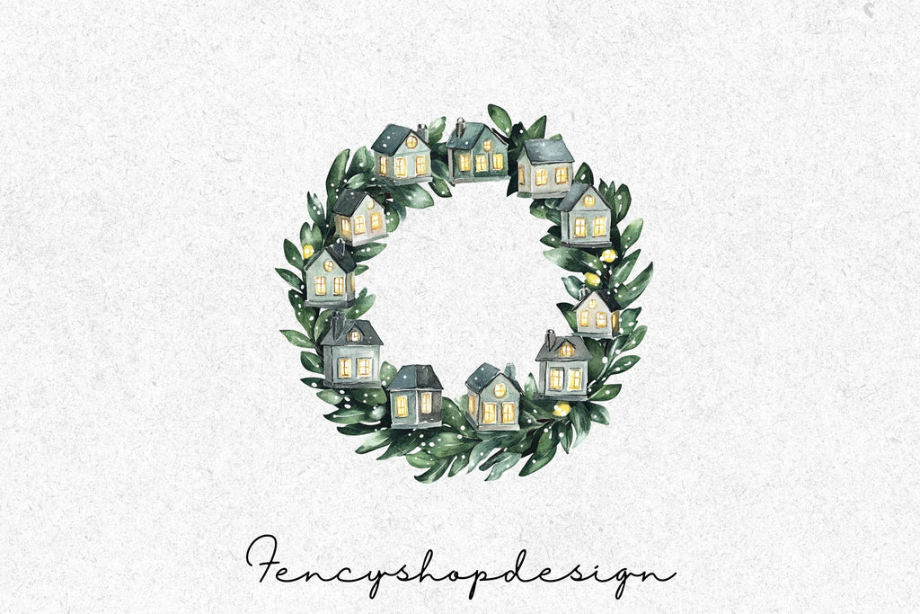 Winter Village Wreath Clipart Bundle