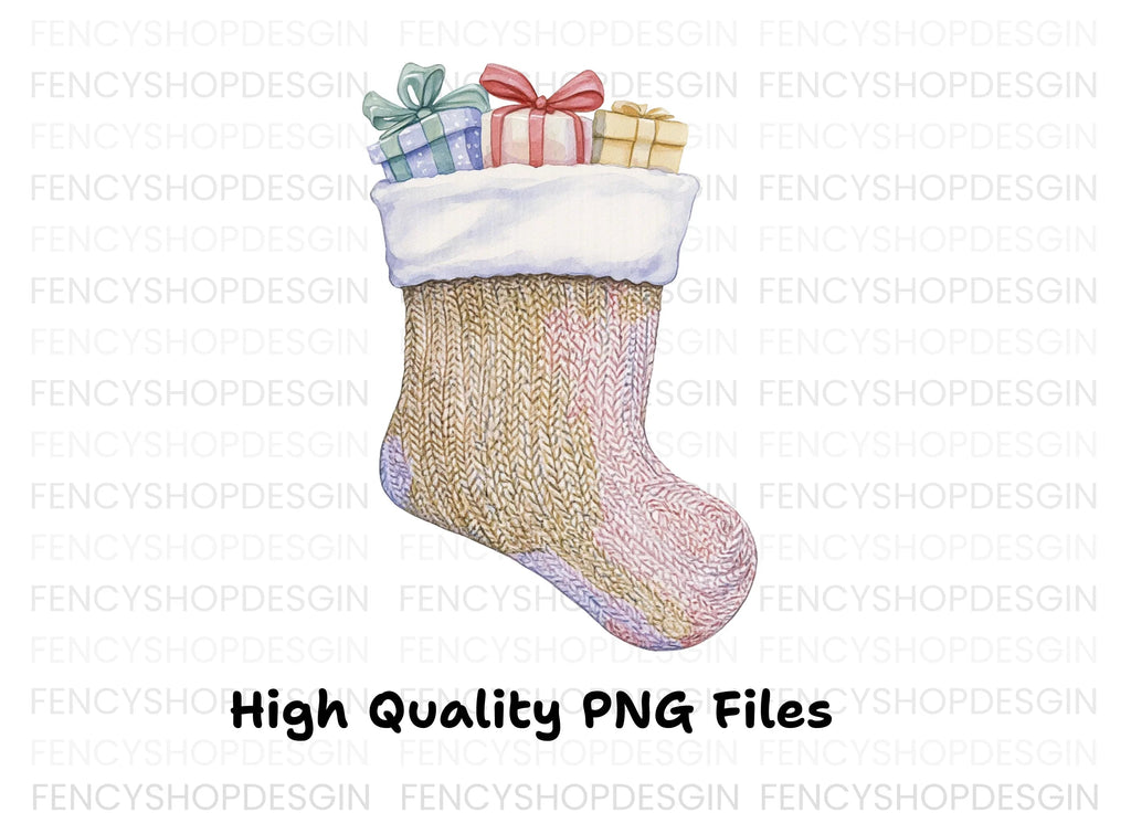 Knitted Christmas Stocking with Gifts Clipart Bundle