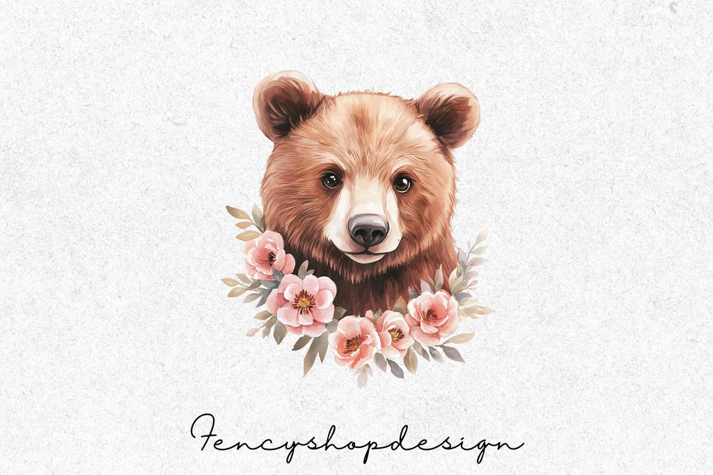 Whimsical Floral Woodland Bear Clipart Bundle