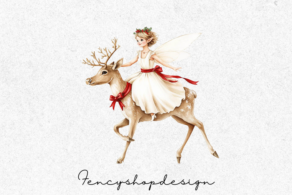 Christmas Fairies Riding Reindeer Clipart Bundle