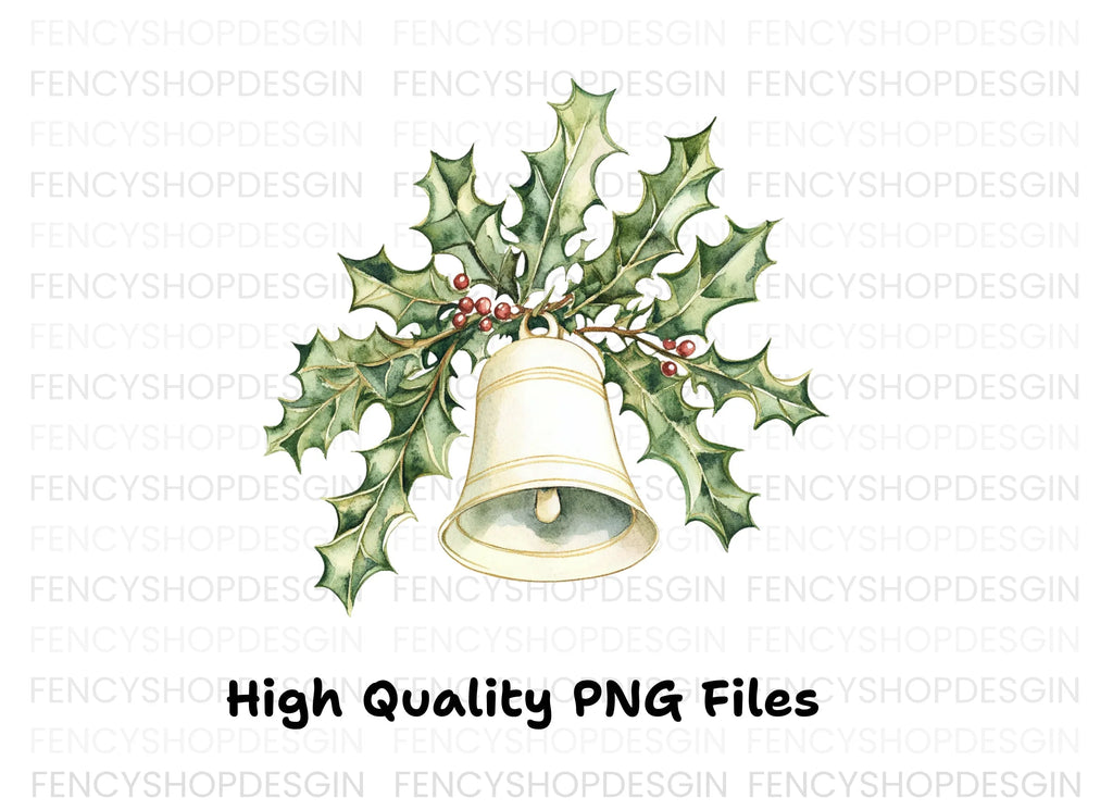 White Christmas Bell with Holly Clipart Bundle