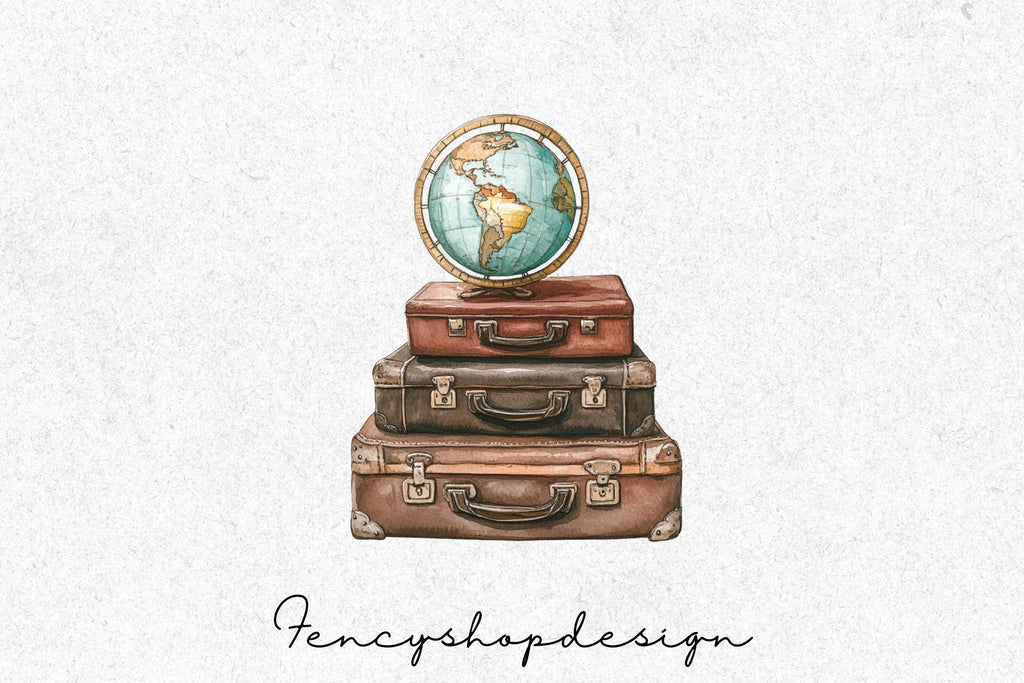 Vintage Travel Suitcase Globe Clipart Bundle