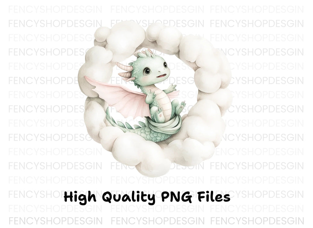 Sweet Green Baby Dragon in Clouds Clipart Bundle