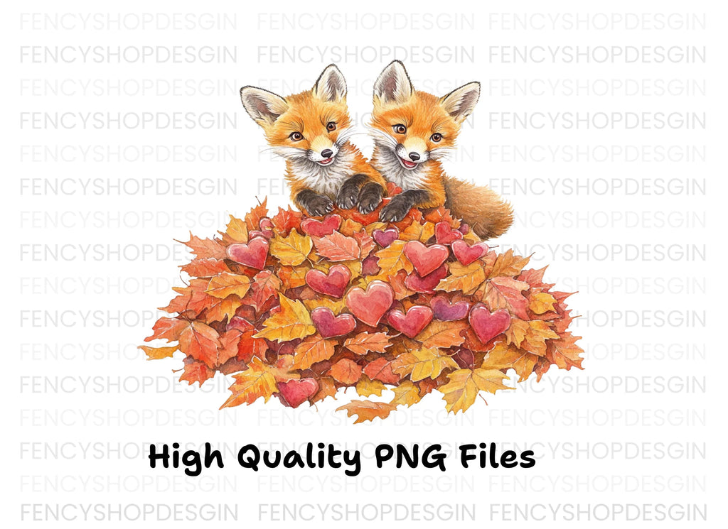 Cute Fox Cubs in Autumn Leaves Clipart Bundle