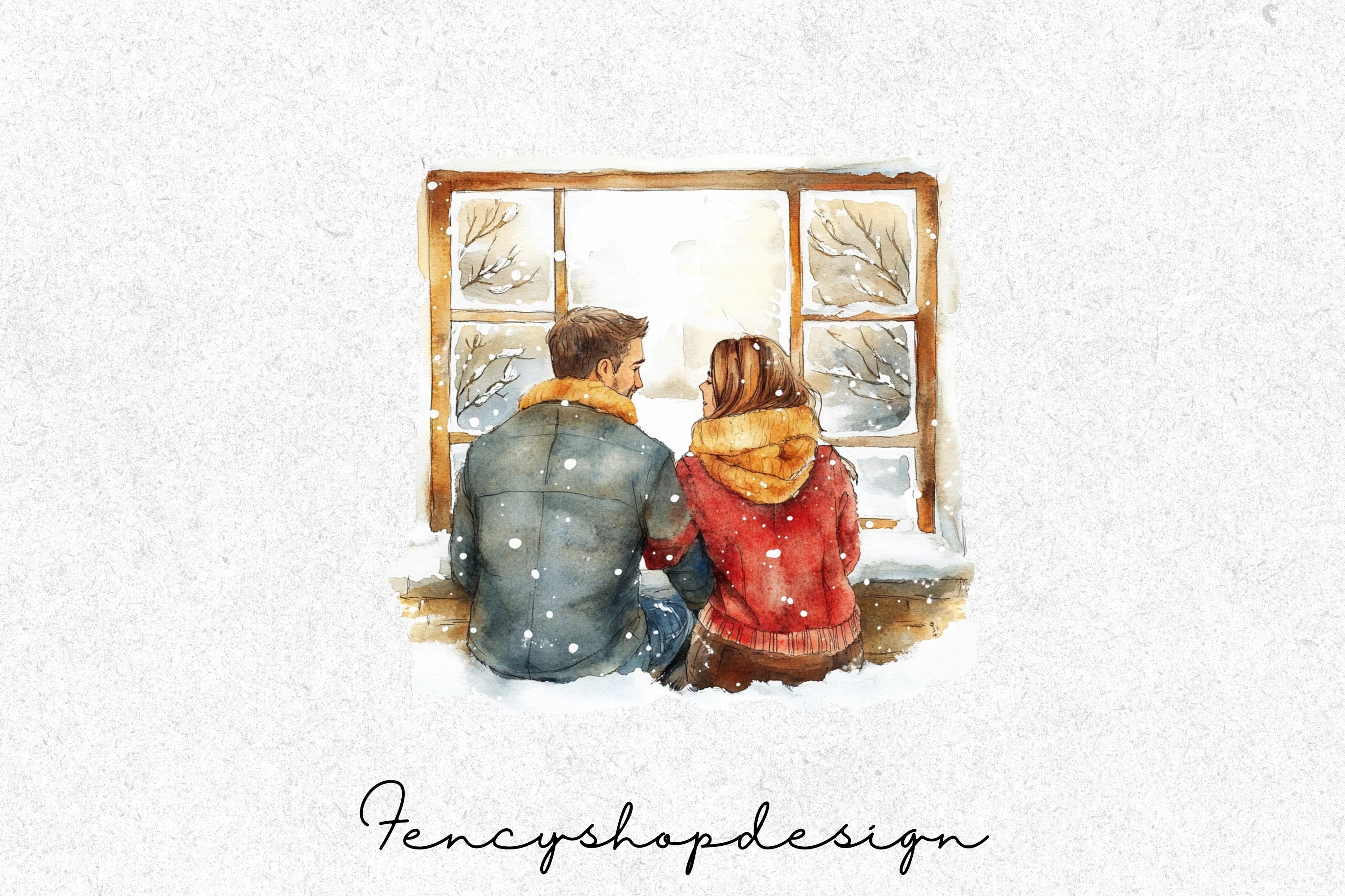Snowy Window Winter Couple Clipart Bundle